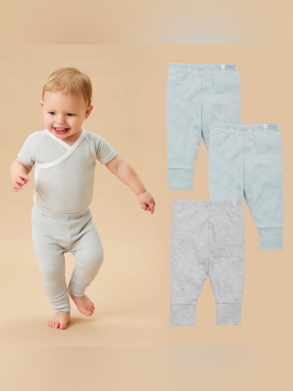 MORI Everyday Leggings 3 Pack - Blue Stripe & Grey